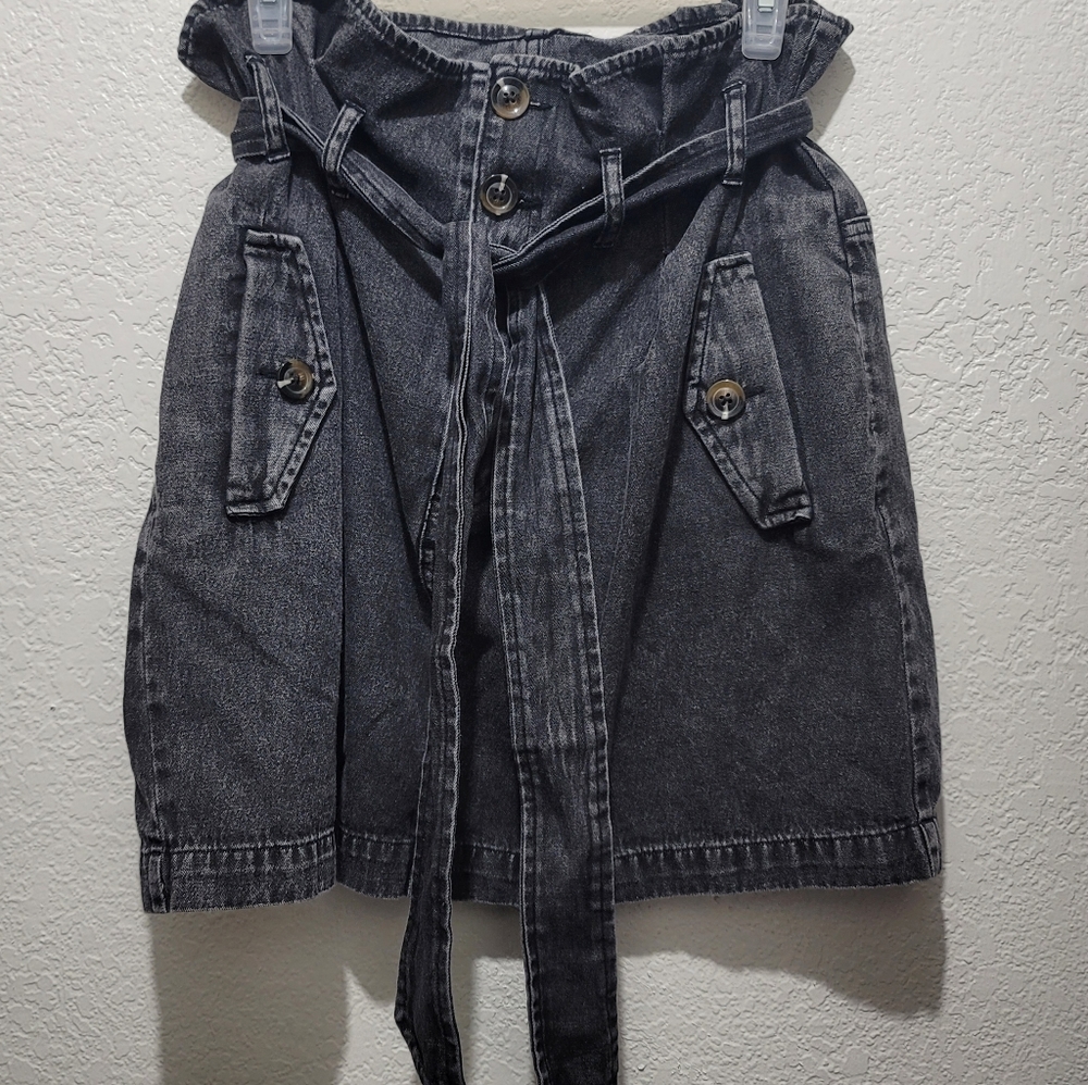 Who What Wear Womens 14 Charcoal/Black Wash Denim Paperbag Belted Skirt Cotton